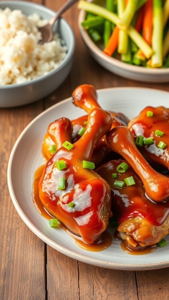 Slow Cooker Honey Garlic Drumsticks Recipe Slow cooker honey garlic drumsticks served with rice and vegetables on a rustic table.